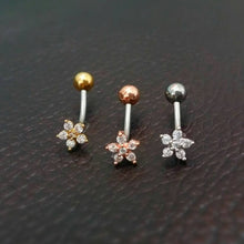 Load image into Gallery viewer, CZ Flower Belly Button Ring, sterling silver floating navel ring, dainty gold small belly rings tiny mini belly piercing small belly jewelry