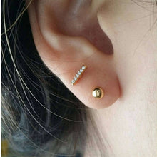 Load image into Gallery viewer, CZ Pave Bar Labret, tiny bar cartilage earring, simple helix threadless piercing, tragus stud earring, line cartilage studs gold bar earring
