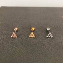 Load image into Gallery viewer, CZ Triangle Conch Earring, Tiny cartilage threadless labret, triple helix stud, small conch threadless labret, mini tragus triangle piercing