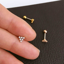 Load image into Gallery viewer, CZ Triangle Conch Earring, Tiny cartilage threadless labret, triple helix stud, small conch threadless labret, mini tragus triangle piercing