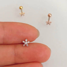 Load image into Gallery viewer, Mini CZ flower tragus earring, cartilage earring, dainty stud earring, elegant conch stud, rose gold flower barbell, ice flower stud earring