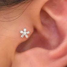 Load image into Gallery viewer, Mini CZ flower tragus earring, cartilage earring, dainty stud earring, elegant conch stud, rose gold flower barbell, ice flower stud earring