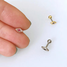 Load image into Gallery viewer, CZ Pave Evil Eye Daith Earring, evil eye threadless labret, mini evil eye cartilage earrings, small tragus earring, 18g conch screwback stud