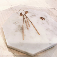 Load image into Gallery viewer, Circle Drop Earrings, bar dangle, bar drop earrings, rose gold circle earrings, neutral color, fashion earrings, rose gold round earrings