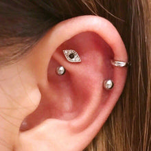 Load image into Gallery viewer, CZ Pave Evil Eye Daith Earring, evil eye threadless labret, mini evil eye cartilage earrings, small tragus earring, 18g conch screwback stud