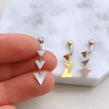 Load image into Gallery viewer, Triangle Dangle Belly Button Ring, rose gold belly ring, gold belly rings, small belly rings, dainty navel ring, silver dangle belly jewelry