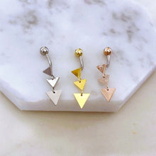 Load image into Gallery viewer, Triangle Dangle Belly Button Ring, rose gold belly ring, gold belly rings, small belly rings, dainty navel ring, silver dangle belly jewelry