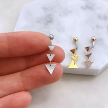 Load image into Gallery viewer, Triangle Dangle Belly Button Ring, rose gold belly ring, gold belly rings, small belly rings, dainty navel ring, silver dangle belly jewelry