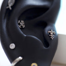 Load image into Gallery viewer, Medieval cartilage stud, armor conch earring, 18g flat back tragus earring, medusa jewelry, silver shield studs, christian threadless labret