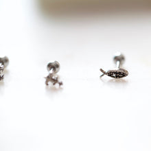 Load image into Gallery viewer, Medieval cartilage stud, armor conch earring, 18g flat back tragus earring, medusa jewelry, silver shield studs, christian threadless labret