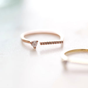 Heart Line Ring, 14k gold, rose gold, silver plated, CZ stone heart ring, cz paved heart bar ring, simple line ring, adjustable band ring