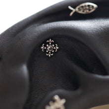 Load image into Gallery viewer, Medieval cartilage stud, armor conch earring, 18g flat back tragus earring, medusa jewelry, silver shield studs, christian threadless labret