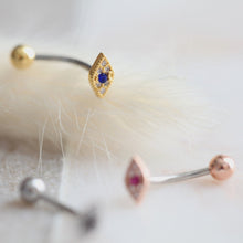 Load image into Gallery viewer, Evil Eye Belly Button Ring, floating navel ring, dainty belly ring, unique belly ring, small belly ring, belly piercing modern naval jewelry