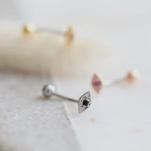 Load image into Gallery viewer, Evil Eye Belly Button Ring, floating navel ring, dainty belly ring, unique belly ring, small belly ring, belly piercing modern naval jewelry