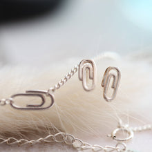 Load image into Gallery viewer, Tiny Paperclip Necklace and Earrings, dainty gold wire earrings, sterling silver small earrings, paperclip jewelry set, unique holiday gifts