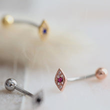 Load image into Gallery viewer, Evil Eye Belly Button Ring, floating navel ring, dainty belly ring, unique belly ring, small belly ring, belly piercing modern naval jewelry