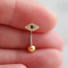Load image into Gallery viewer, Evil Eye Belly Button Ring, floating navel ring, dainty belly ring, unique belly ring, small belly ring, belly piercing modern naval jewelry