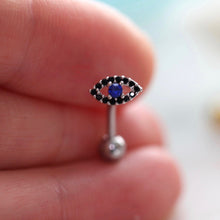 Load image into Gallery viewer, Evil Eye Belly Button Ring, floating navel ring, dainty belly ring, unique belly ring, small belly ring, belly piercing modern naval jewelry