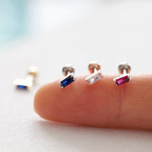 Load image into Gallery viewer, CZ Tiny Baguette Tragus Labret, square Rhinestone cartilage earring, vibrant rectangular colorful threadless pushpin forward helix stud