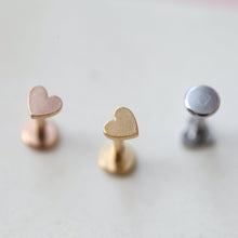 Load image into Gallery viewer, 16g Heart flat back earring, Internally threaded reversible tragus stud, circle labret earring, conch stud, trendy forward helix piercing