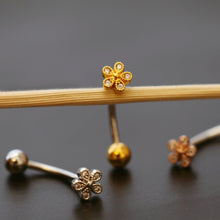 Load image into Gallery viewer, Tiny Round Flower Belly Ring, floating navel ring, dainty small gold belly button rings, body jewelry, floral modern postpartum belly ring
