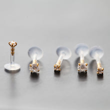 Load image into Gallery viewer, 16g BioFlex Push Fit Gold Piercings, Plastic Labret Push In cartilage earrings, bioplast gold tragus earrings, hypoallergenic conch earrings