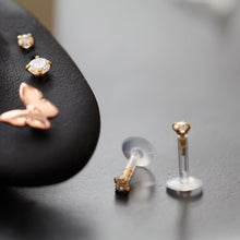 Load image into Gallery viewer, 16g BioFlex Push Fit Gold Piercings, Plastic Labret Push In cartilage earrings, bioplast gold tragus earrings, hypoallergenic conch earrings
