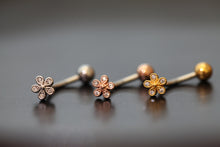 Load image into Gallery viewer, Tiny Round Flower Belly Ring, floating navel ring, dainty small gold belly button rings, body jewelry, floral modern postpartum belly ring