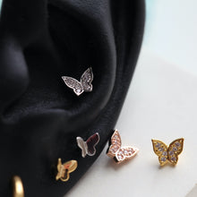 Load image into Gallery viewer, CZ Pave Butterfly Conch Earring, cartilage stud, dainty tragus piercing, sparkly butterfly threadless pushpin, 18g labret gold screwback