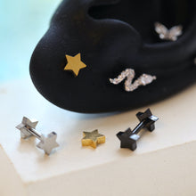 Load image into Gallery viewer, Star Barbell Earring, small cartilage earring, tiny tragus stud, 18g helix hypoallergenic star conch earring, dainty gold black piercing