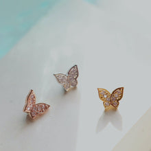 Load image into Gallery viewer, CZ Pave Butterfly Conch Earring, cartilage stud, dainty tragus piercing, sparkly butterfly threadless pushpin, 18g labret gold screwback