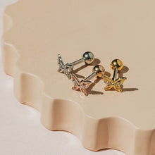 Load image into Gallery viewer, Intricate Butterfly cartilage earring, 18g labret tragus earring, screwback lobe earring, dainty butterfly conch barbell, spring earrings
