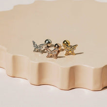 Load image into Gallery viewer, Intricate Butterfly cartilage earring, 18g labret tragus earring, screwback lobe earring, dainty butterfly conch barbell, spring earrings