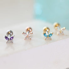 Load image into Gallery viewer, CZ Sparkly Butterfly Tragus Earring, tiny 18g threadless labret, small cartilage stud, dainty spring tragus earring, screwback lobe piercing