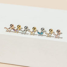 Load image into Gallery viewer, CZ Sparkly Butterfly Tragus Earring, tiny 18g threadless labret, small cartilage stud, dainty spring tragus earring, screwback lobe piercing