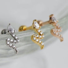 Load image into Gallery viewer, 18g CZ Snake cartilage stud, simple tragus earring, flat back conch earring, 16g dainty studs, rose gold earring, crystal cartilage piercing