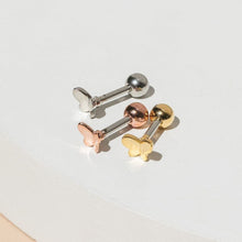 Load image into Gallery viewer, 3D Butterfly Tragus Threadless Labret, 18g cartilage earring, 20g screwback lobe barbell, cartilage stud, small spring dainty conch earring