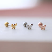 Load image into Gallery viewer, 3D Butterfly Tragus Threadless Labret, 18g cartilage earring, 20g screwback lobe barbell, cartilage stud, small spring dainty conch earring