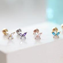 Load image into Gallery viewer, CZ Sparkly Butterfly Tragus Earring, tiny 18g threadless labret, small cartilage stud, dainty spring tragus earring, screwback lobe piercing