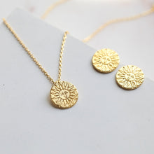 Load image into Gallery viewer, Sun Stamped Gold Medallion Necklace, Silver coin earrings, coin jewelry collection rose gold circle studs, stamped jewelry bridesmaids gifts
