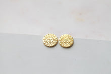 Load image into Gallery viewer, Sun Stamped Gold Medallion Necklace, Silver coin earrings, coin jewelry collection rose gold circle studs, stamped jewelry bridesmaids gifts