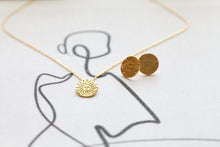 Load image into Gallery viewer, Sun Stamped Gold Medallion Necklace, Silver coin earrings, coin jewelry collection rose gold circle studs, stamped jewelry bridesmaids gifts