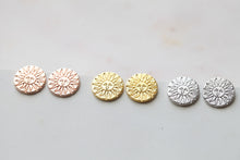 Load image into Gallery viewer, Sun Stamped Gold Medallion Necklace, Silver coin earrings, coin jewelry collection rose gold circle studs, stamped jewelry bridesmaids gifts