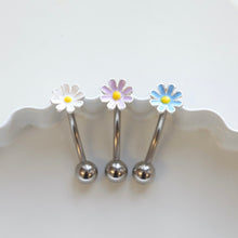 Load image into Gallery viewer, Daisy Belly Button Ring, dainty flower belly ring, small floating navel ring, tiny white purple blue piercing hypoallergenic belly jewelry