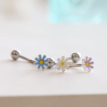 Load image into Gallery viewer, Daisy Belly Button Ring, dainty flower belly ring, small floating navel ring, tiny white purple blue piercing hypoallergenic belly jewelry