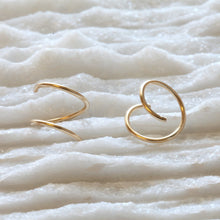 Load image into Gallery viewer, Gold Double Hoop Twist Earrings, 14k gold fill Spiral Wire Twirl hoops, swirl double loop helix piercing, one piercing small double huggie