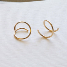 Load image into Gallery viewer, Gold Double Hoop Twist Earrings, 14k gold fill Spiral Wire Twirl hoops, swirl double loop helix piercing, one piercing small double huggie