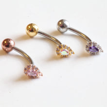 Load image into Gallery viewer, Iridescent Petite Teardrop Belly Ring, tiny Floating Naval Ring, small teardrop gold belly ring, simple postpartum comfortable belly jewelry