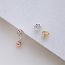 Load image into Gallery viewer, NEW! CZ Pave Moon Navel Ring, Whimsigoth Floating Belly Ring, dainty gold moon belly rings, simple reverse belly rings, small body jewelry