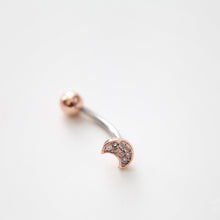 Load image into Gallery viewer, NEW! CZ Pave Moon Navel Ring, Whimsigoth Floating Belly Ring, dainty gold moon belly rings, simple reverse belly rings, small body jewelry